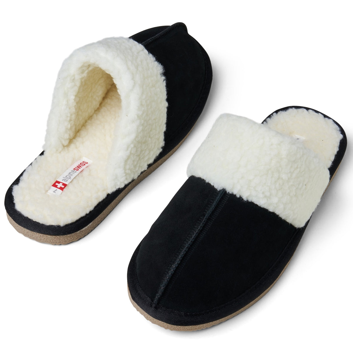 Alpine Swiss Womens Genuine Suede Memory Foam Scuff Slippers Slip On House Shoes – Black