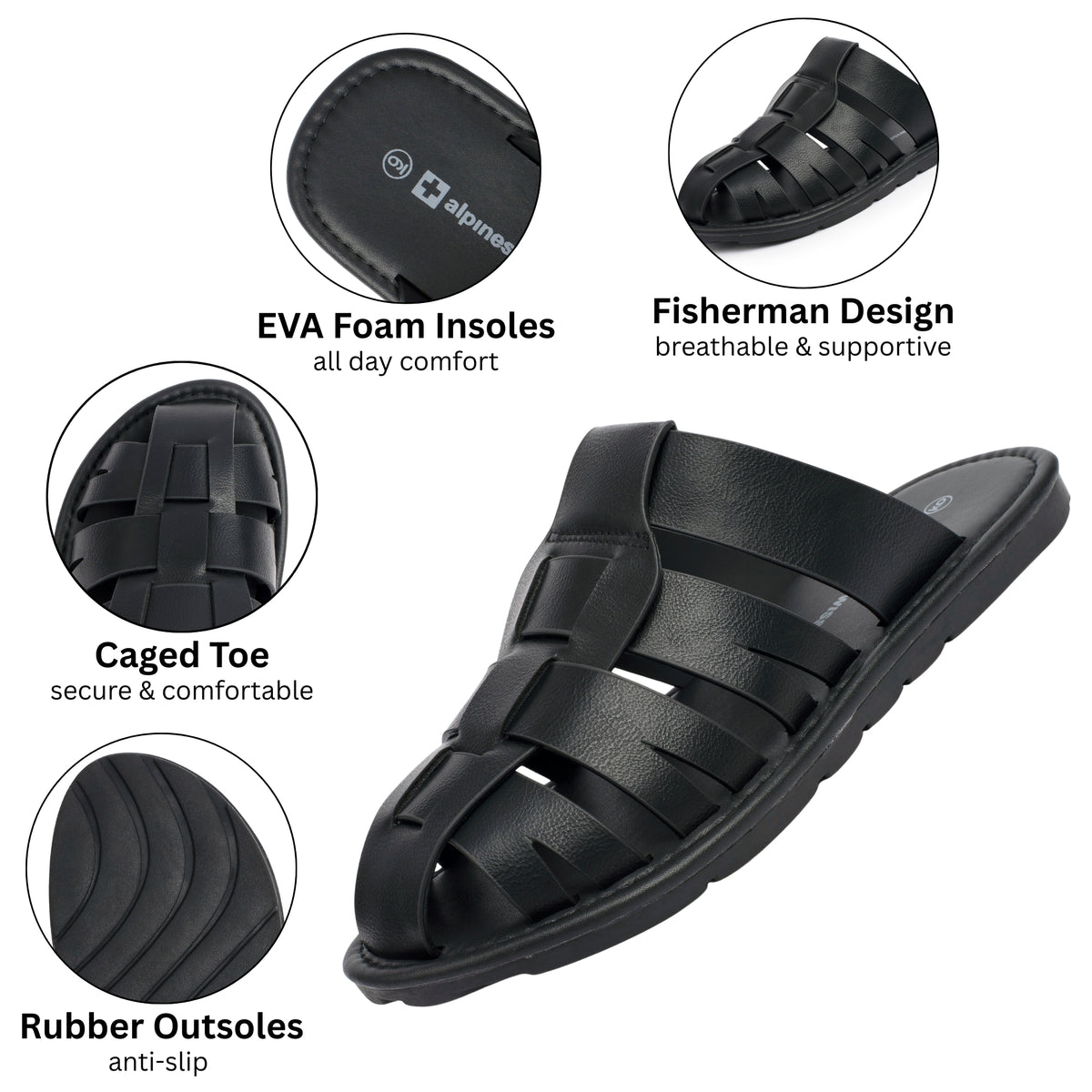 Alpine Swiss Marlin Mens Fisherman Slide Sandals Vegan Leather Dressy Sandals – Black
