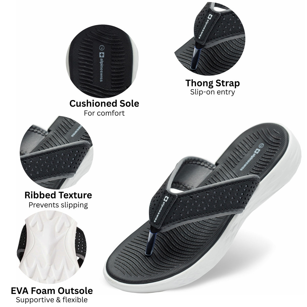 Alpine Swiss Miley Flip Flops for Women Comfortable Outdoor Walking Thong Sandals – Black