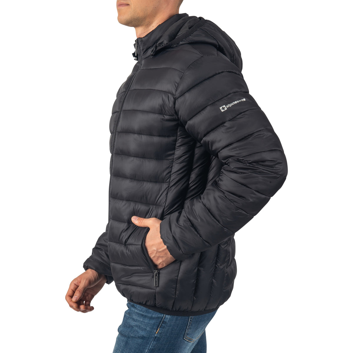 Alpine Swiss Mens Light Puffer Jacket Removable Hood Milo Winter Coat Packable – Black