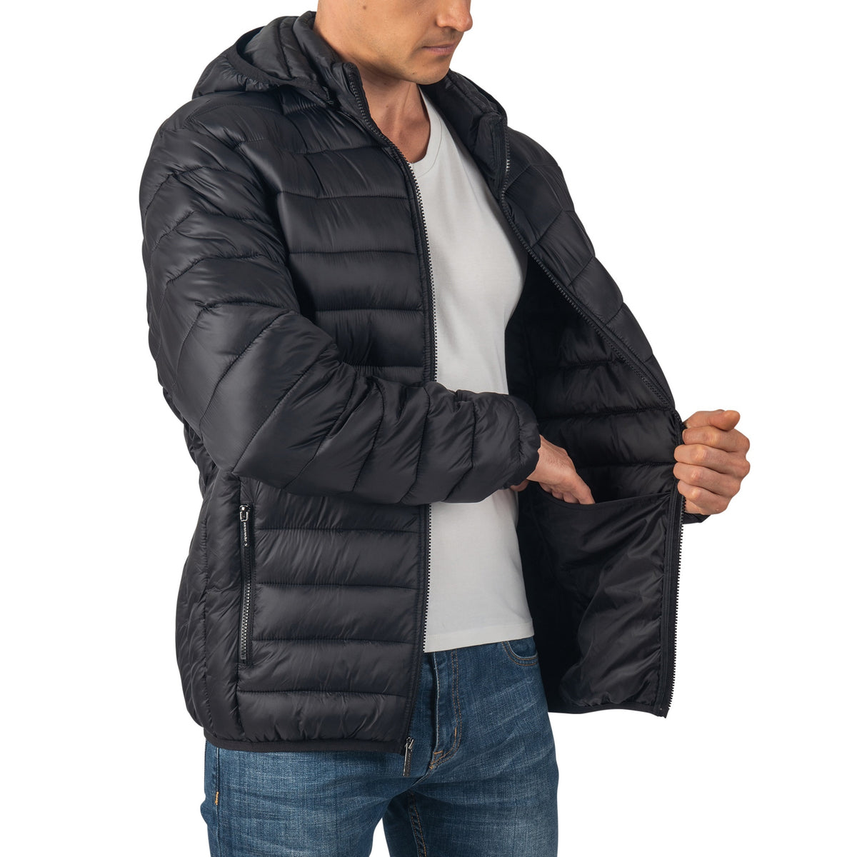Alpine Swiss Mens Light Puffer Jacket Removable Hood Milo Winter Coat Packable – Black