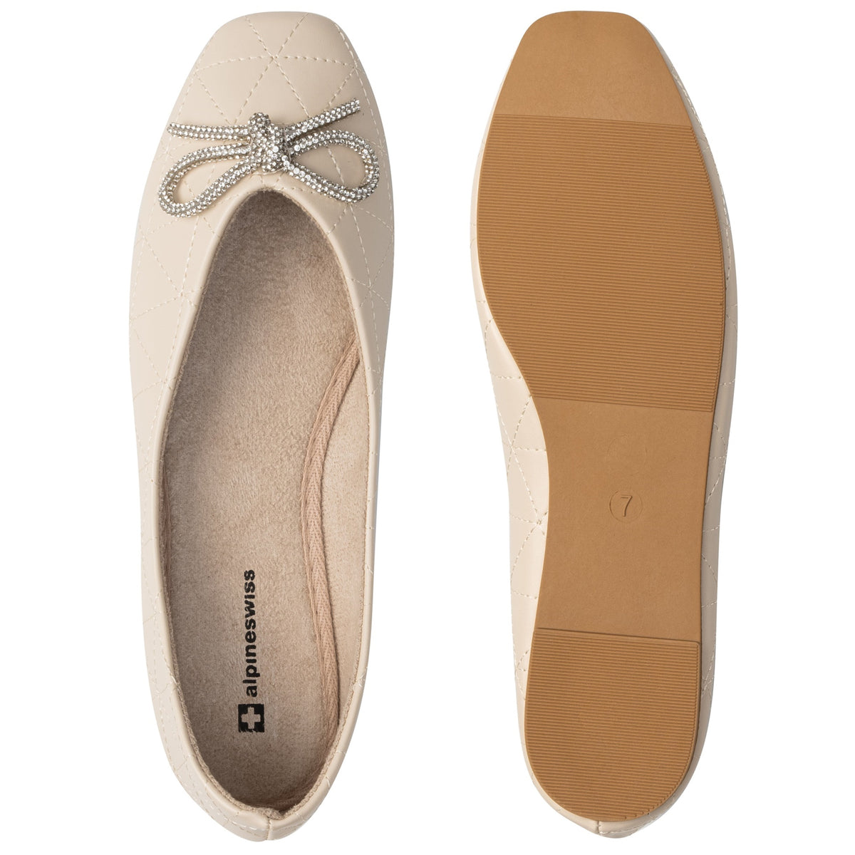 Alpine Swiss Myla Womens Ballet Flats Square Toe Rhinestone Bow Dressy Shoes – Cream