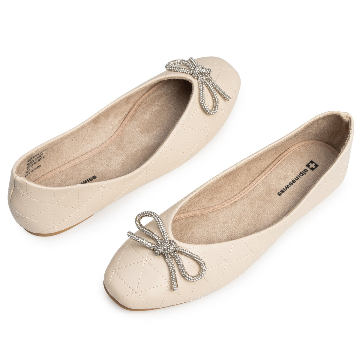 Alpine Swiss Myla Womens Ballet Flats Square Toe Rhinestone Bow Dressy Shoes – Cream