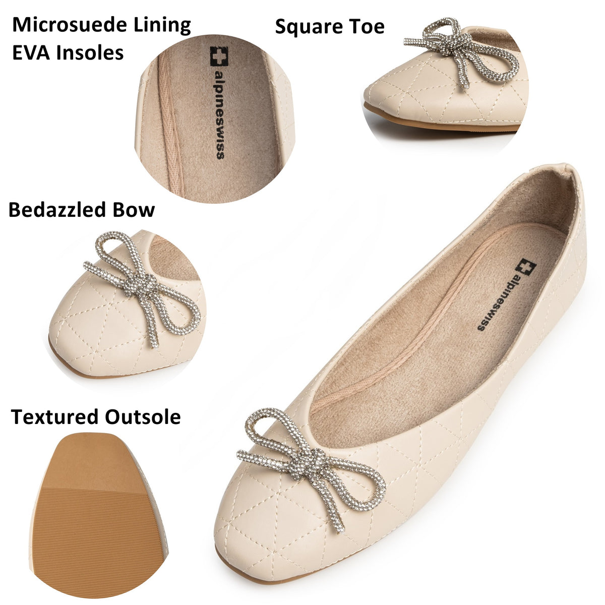 Alpine Swiss Myla Womens Ballet Flats Square Toe Rhinestone Bow Dressy Shoes – Cream