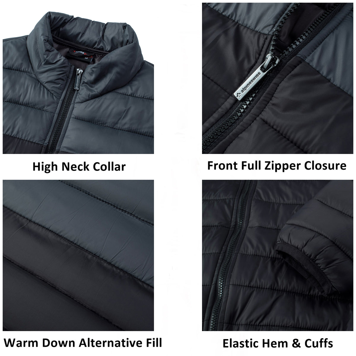 Alpine Swiss Niko Men’s Puffer Jacket Warm Down Alternative Insulated Coat – Black Gray