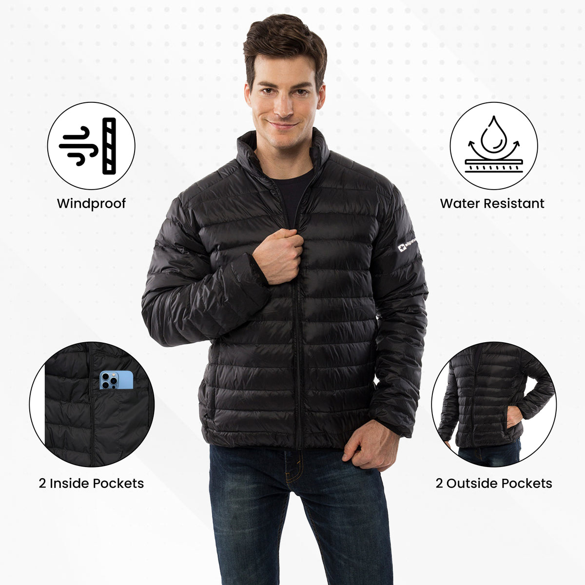 Alpine Swiss Niko Men’s Puffer Jacket Warm Down Alternative Insulated Coat – Black
