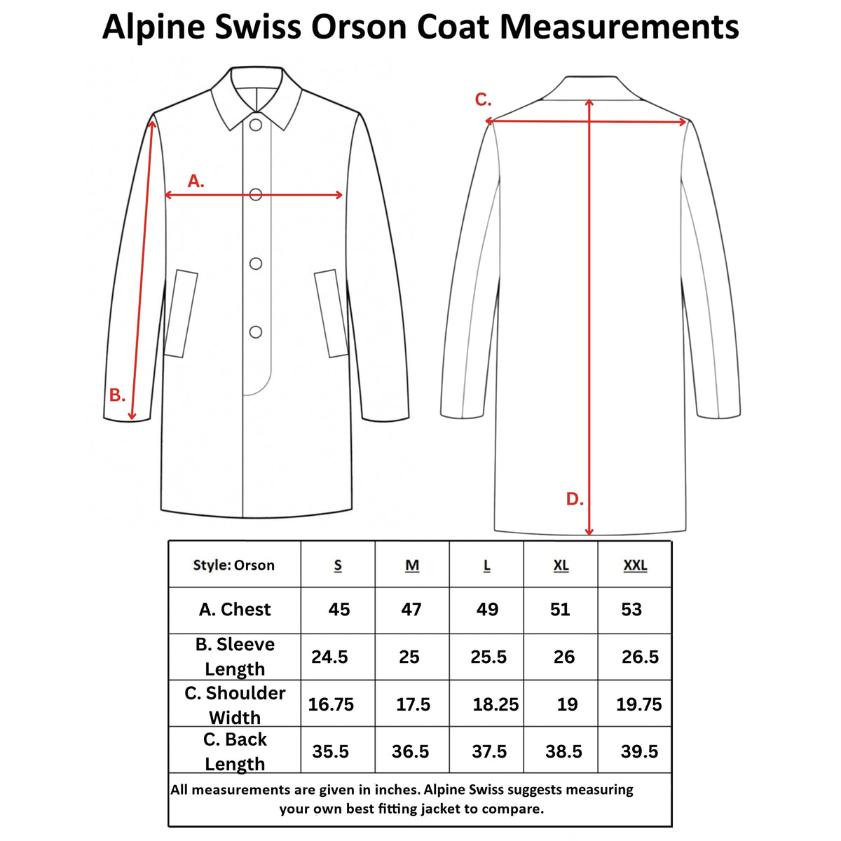 Alpine Swiss Orson Mens Wool Blend Top Coat Winter Car Coat Long Tailored Jacket – Black