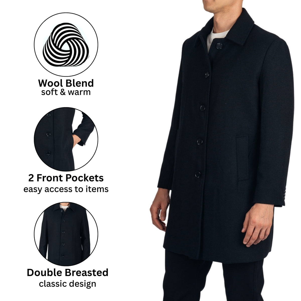 Alpine Swiss Orson Mens Wool Blend Top Coat Winter Car Coat Long Tailored Jacket – Black