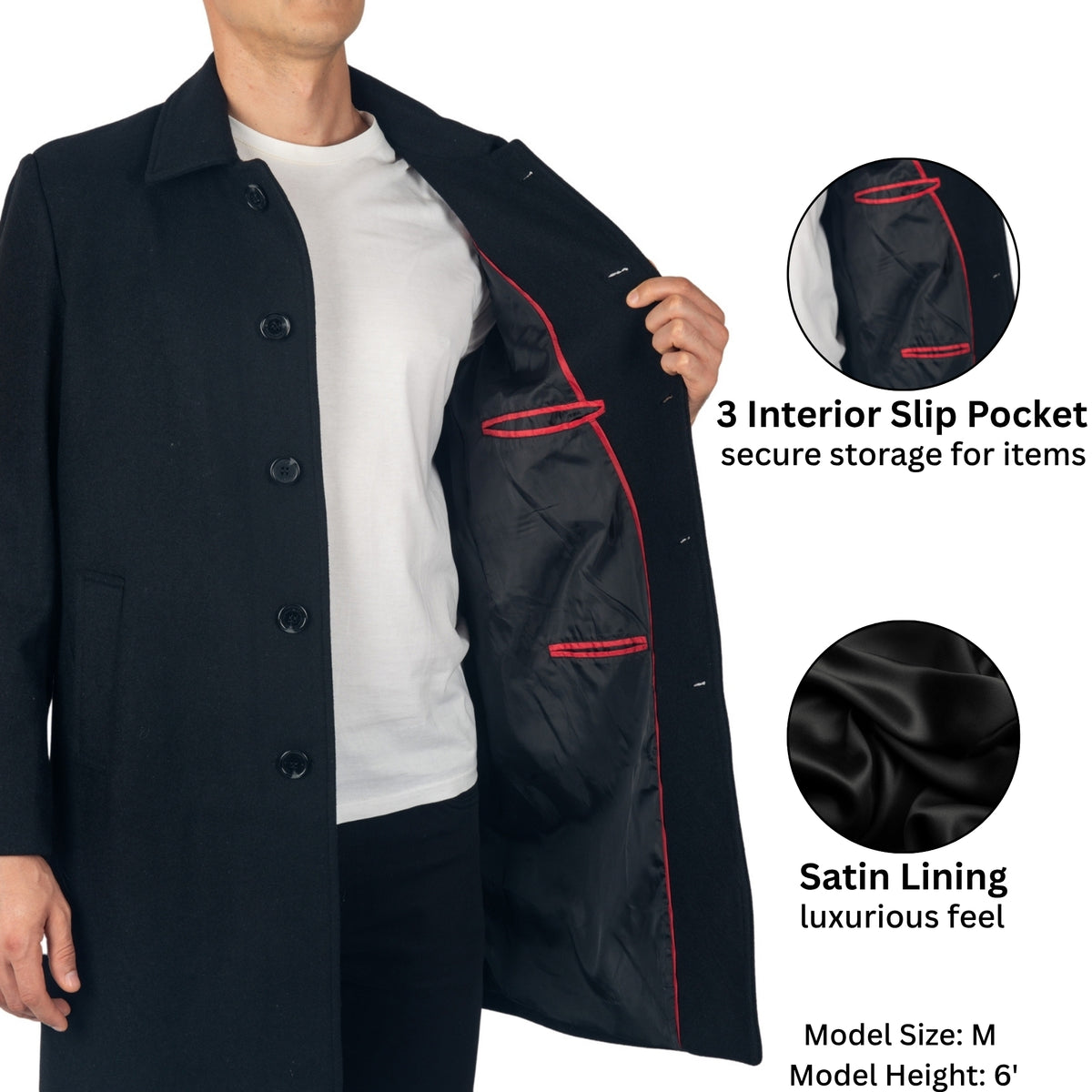 Alpine Swiss Orson Mens Wool Blend Top Coat Winter Car Coat Long Tailored Jacket – Black