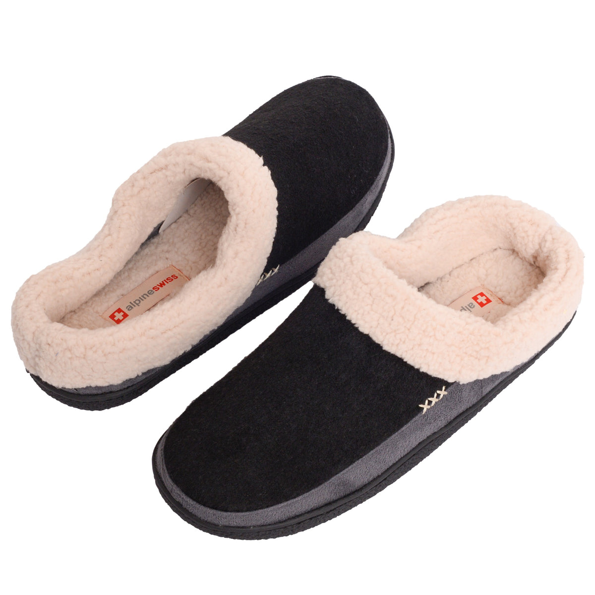 Alpine Swiss Mens Memory Foam Clog Slippers Fleece Fuzzy Slip On House Shoes – Black