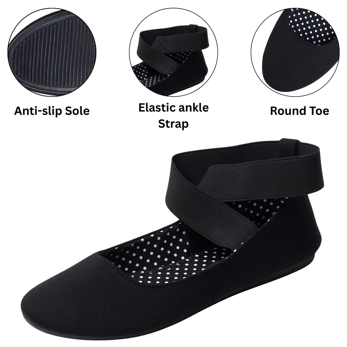 Alpine Swiss Peony Ballet Flats Shoes For Women Elastic Ankle Strap Flats Round – Black