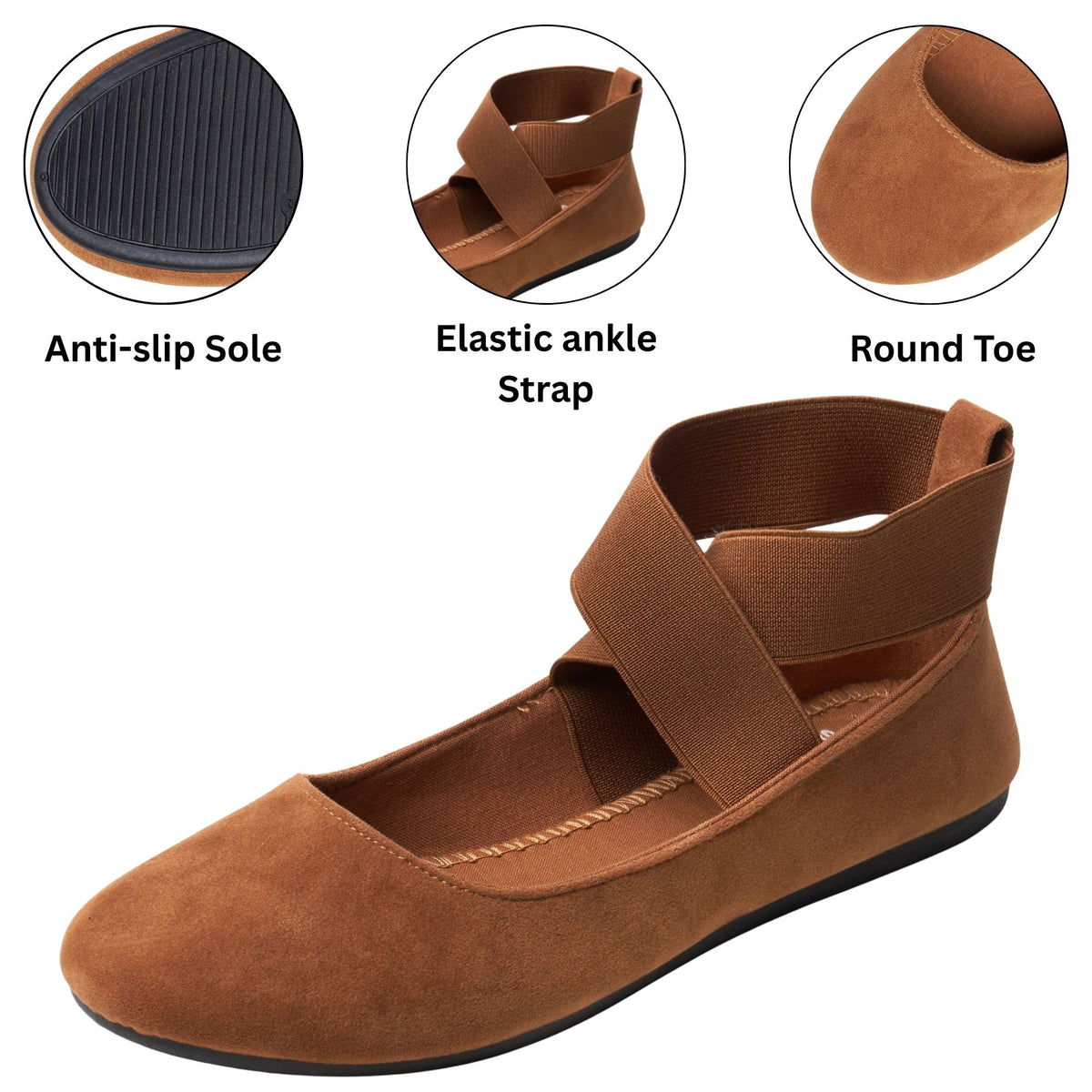 Alpine Swiss Peony Ballet Flats Shoes For Women Elastic Ankle Strap Flats Round – Tan Microsuede