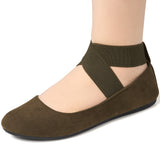 Alpine Swiss Peony Ballet Flats Shoes For Women Elastic Ankle Strap Flats Round – Olive Microsuede