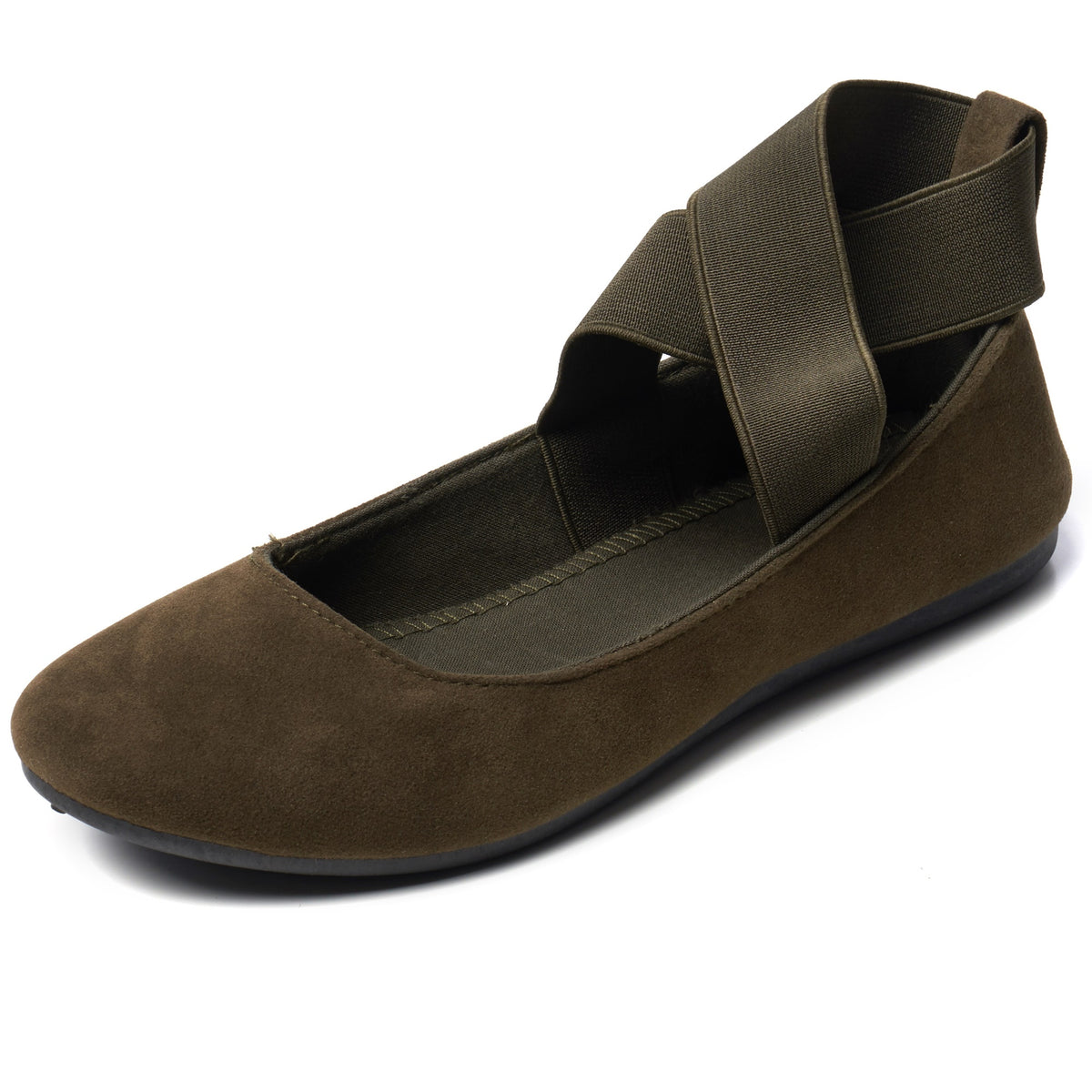 Alpine Swiss Peony Ballet Flats Shoes For Women Elastic Ankle Strap Flats Round – Olive Microsuede