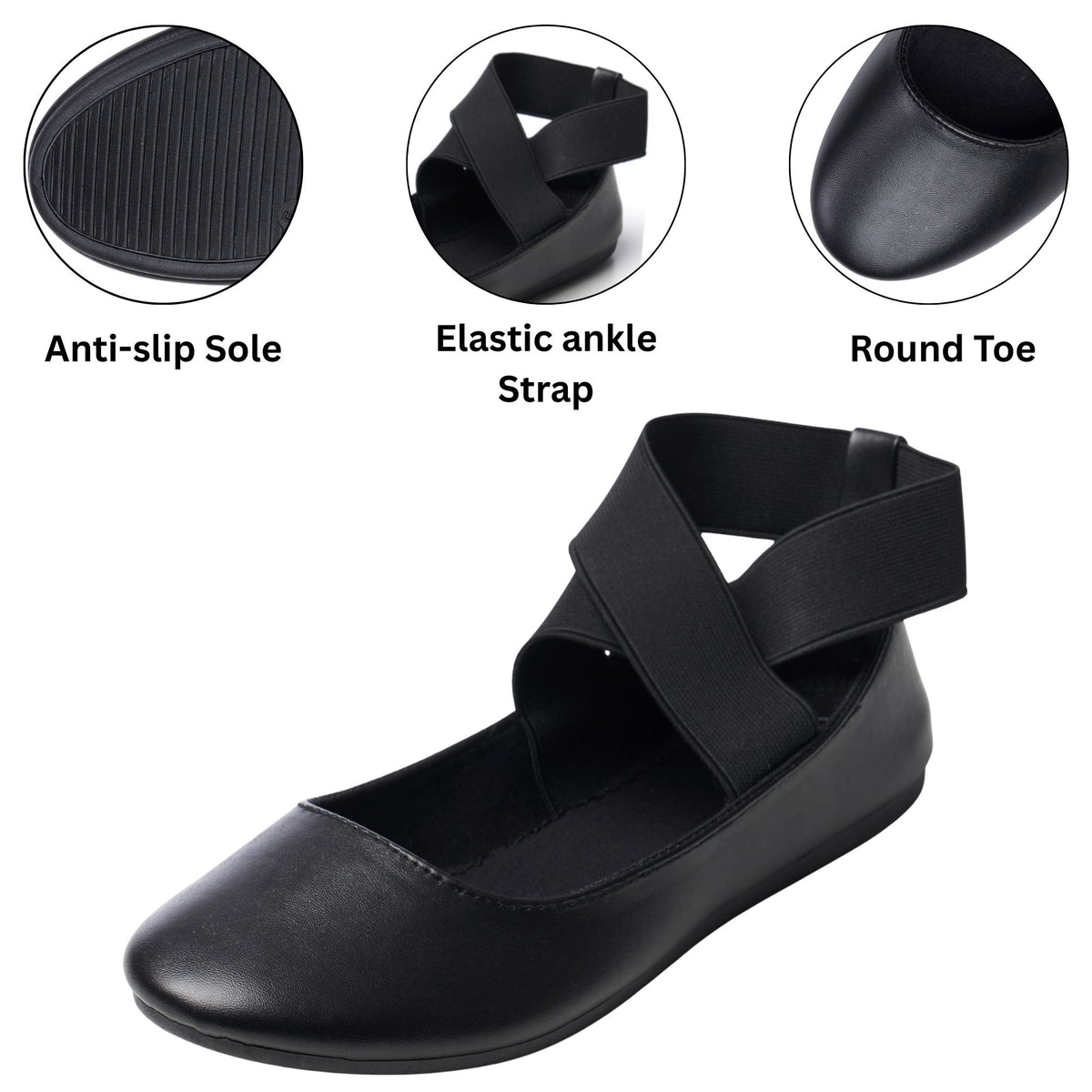 Alpine Swiss Peony Ballet Flats Shoes For Women Elastic Ankle Strap Flats Round – Black Leatherette
