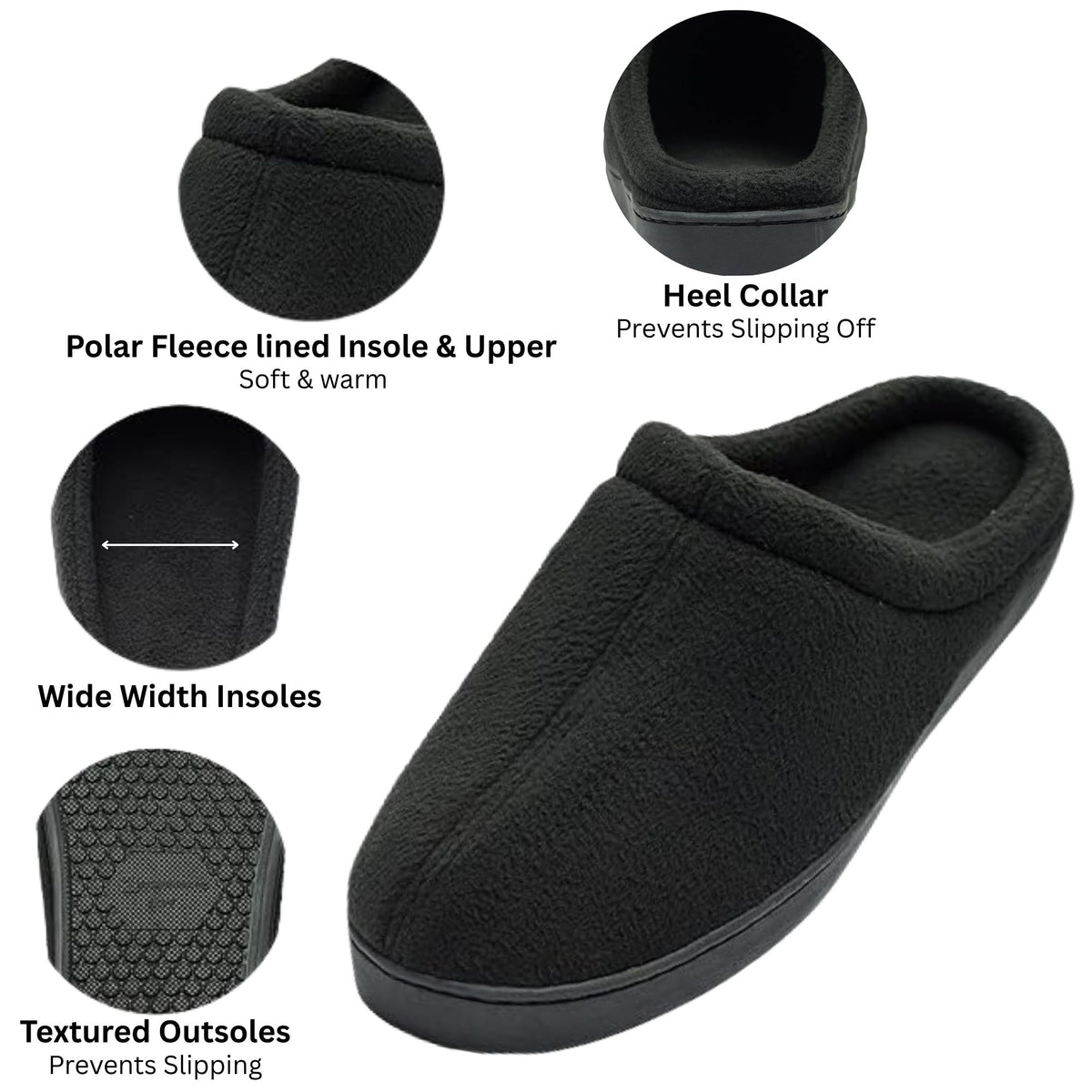 Alpine Swiss Wide Mens Fleece Clog Slippers – Black