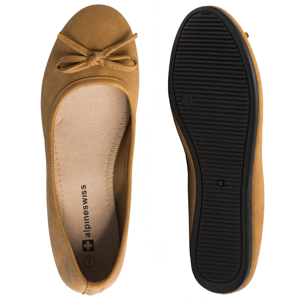 Alpine Swiss Polly Womens Bow Ballet Flats Round Toe Slip On Comfortable Shoes – Tan