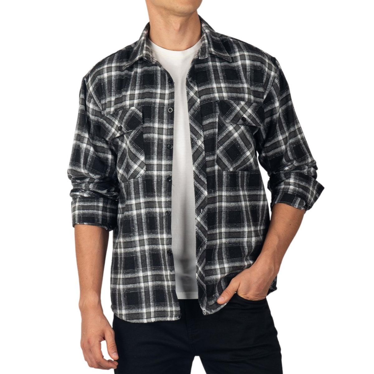 Alpine Swiss Men Plaid Flannel Shirt Jacket Button Down Long Sleeve Cotton Blend – Black Gray