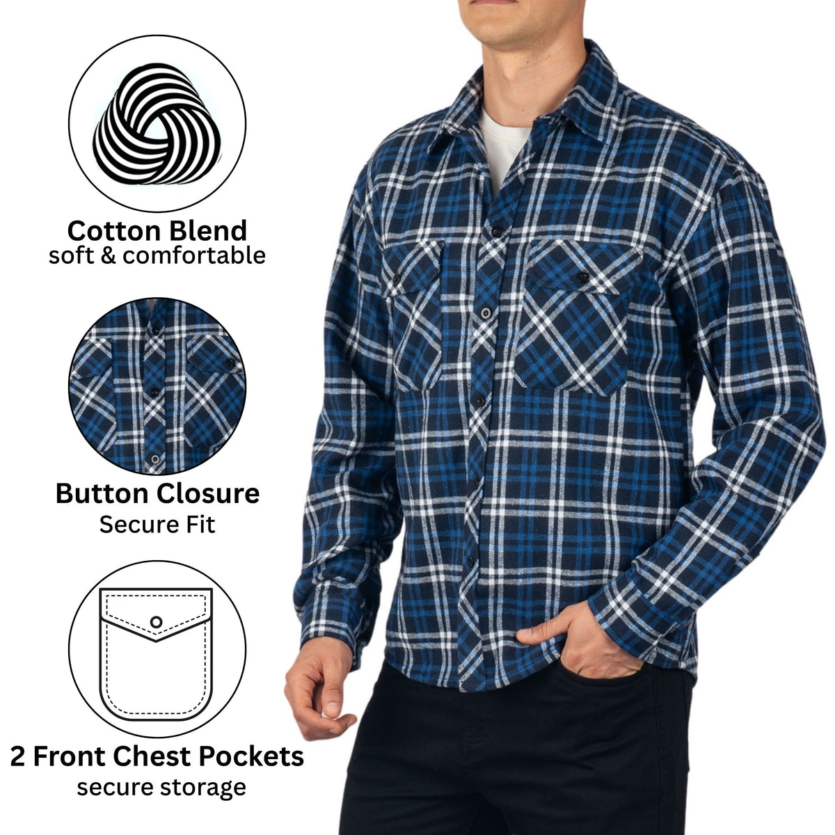 Alpine Swiss Men Plaid Flannel Shirt Jacket Button Down Long Sleeve Cotton Blend – Navy Blue