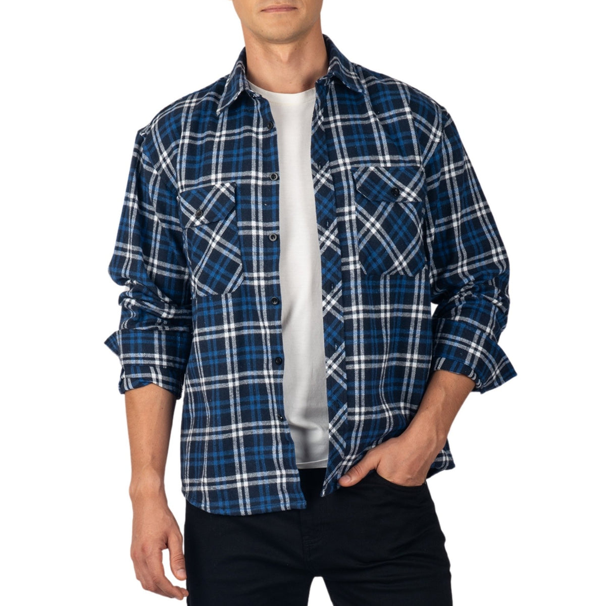 Alpine Swiss Men Plaid Flannel Shirt Jacket Button Down Long Sleeve Cotton Blend – Navy Blue