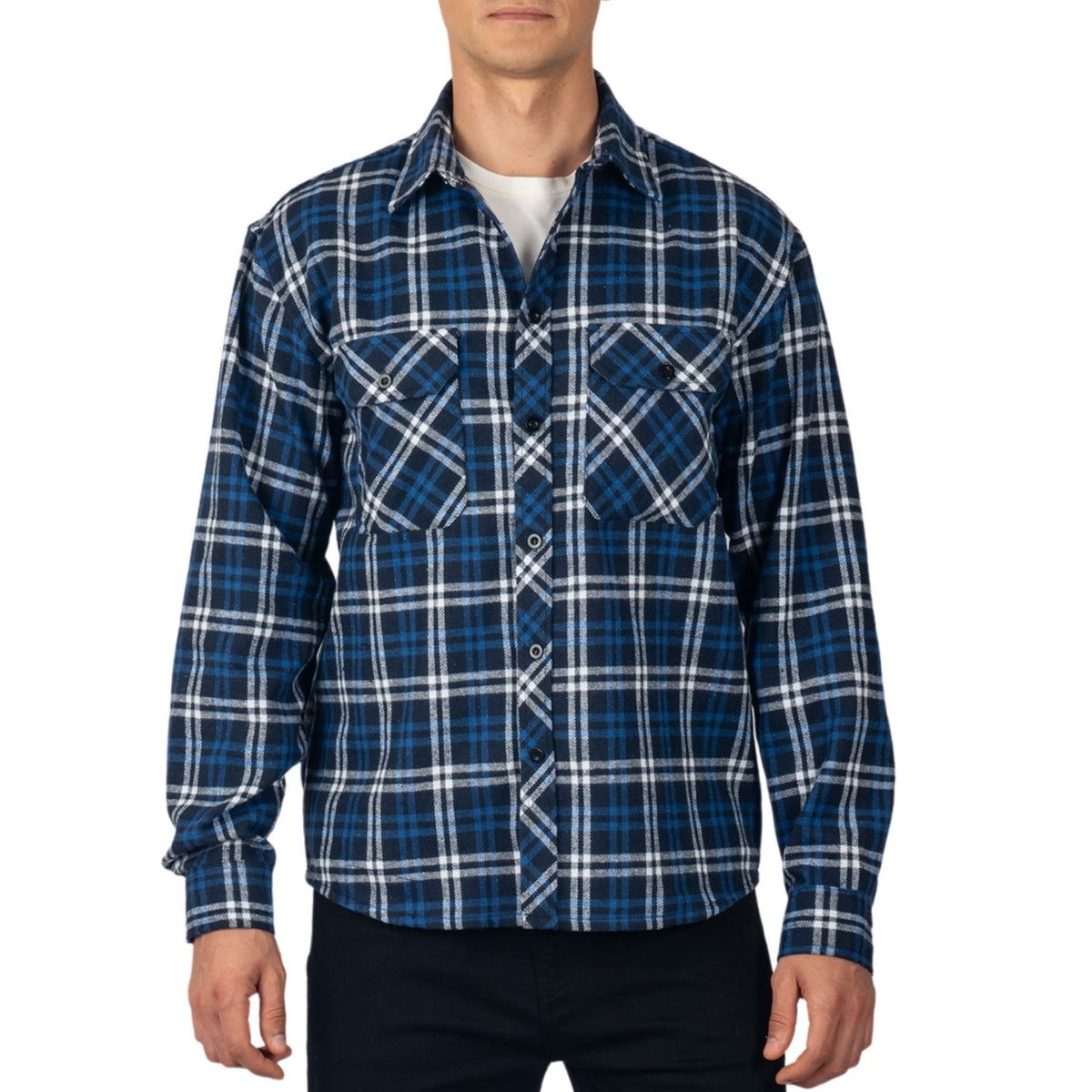 Alpine Swiss Men Plaid Flannel Shirt Jacket Button Down Long Sleeve Cotton Blend – Navy Blue