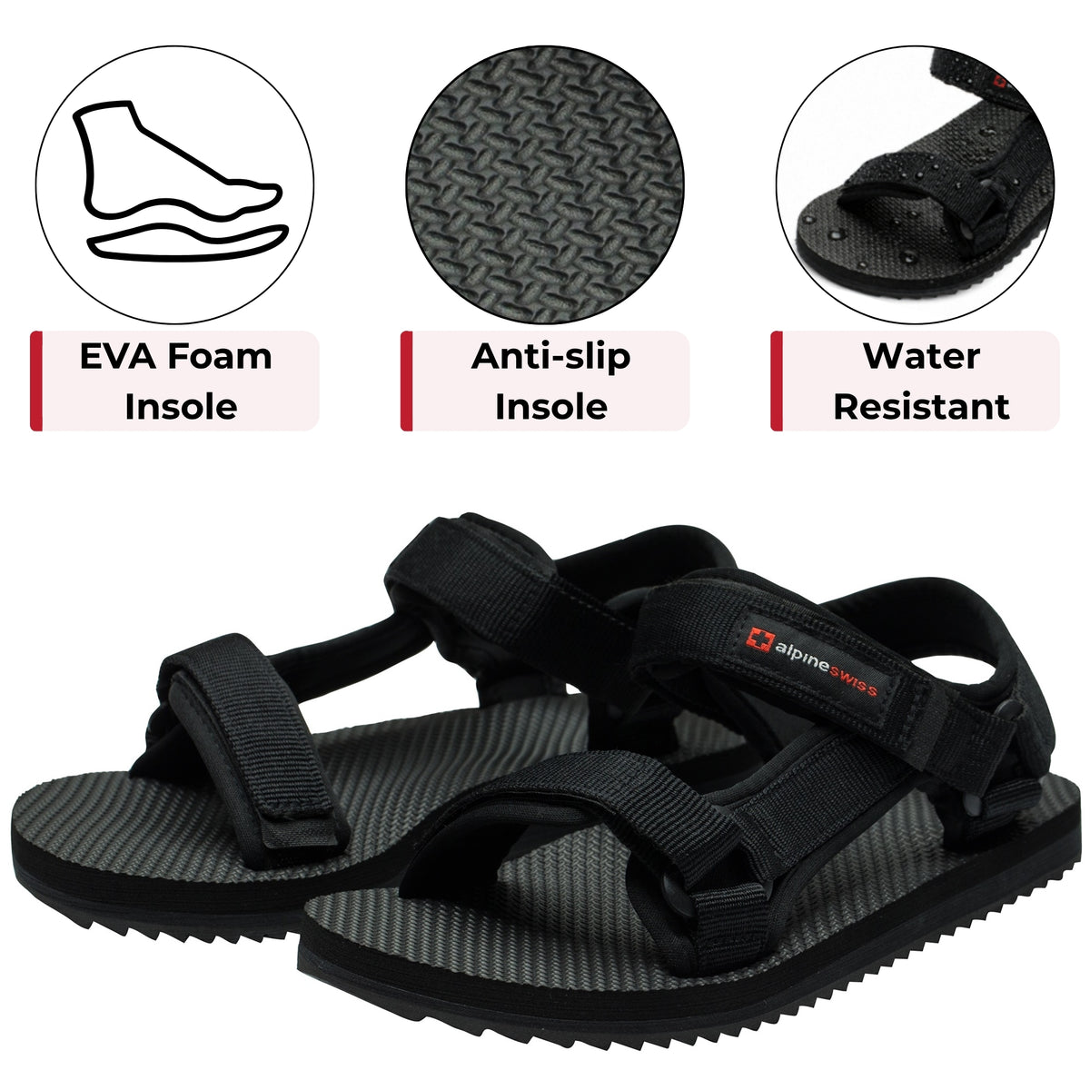 Alpine Swiss Reid Mens Sport Sandals Athletic Open Toe Outdoor Walking Shoe – Black