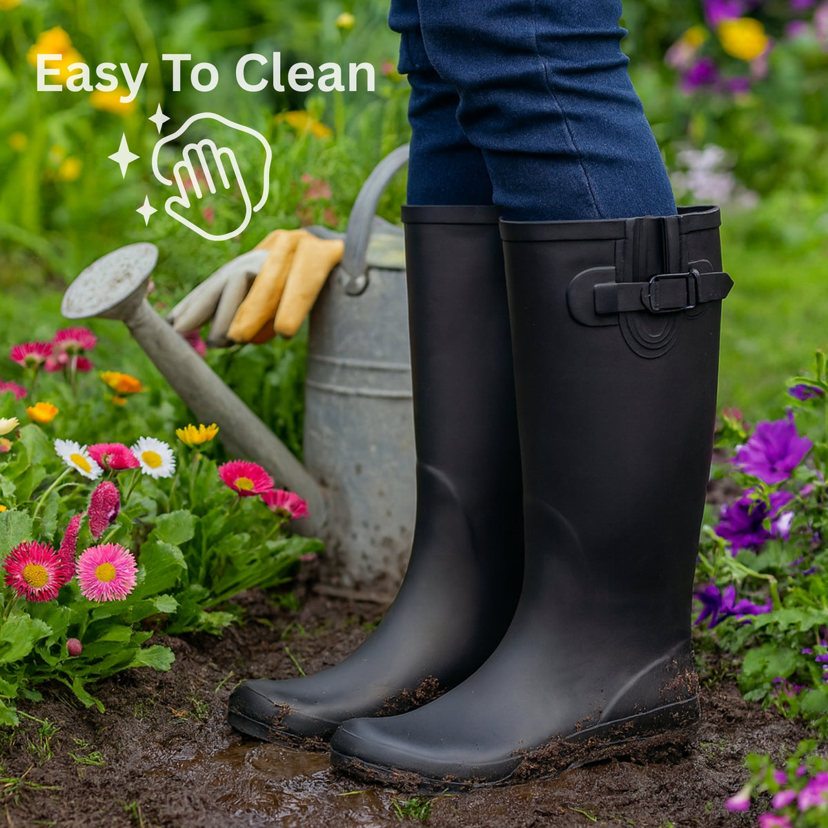 Alpine Swiss Reya Womens Waterproof Rain Boots Mid Calf Tall Rubber Garden Boots – Black Tall