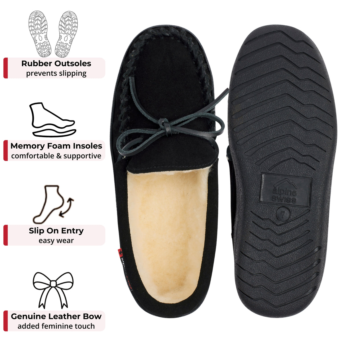 Alpine Swiss Sabine Womens Moccasin Slippers Genuine Suede House Shoe Memory Foam – Black