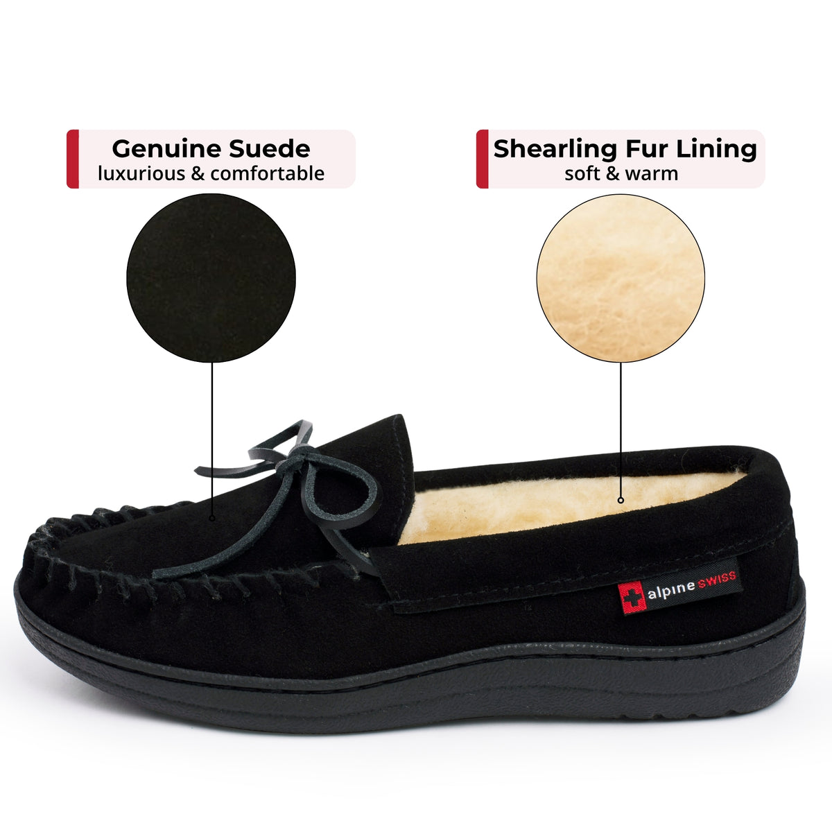 Alpine Swiss Sabine Womens Moccasin Slippers Genuine Suede House Shoe Memory Foam – Black