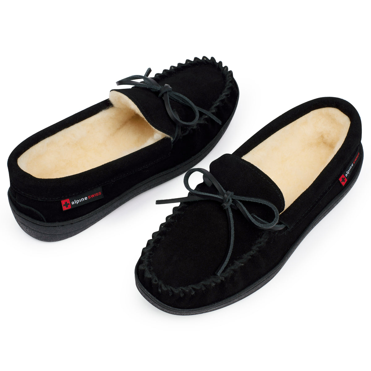 Alpine Swiss Sabine Womens Moccasin Slippers Genuine Suede House Shoe Memory Foam – Black