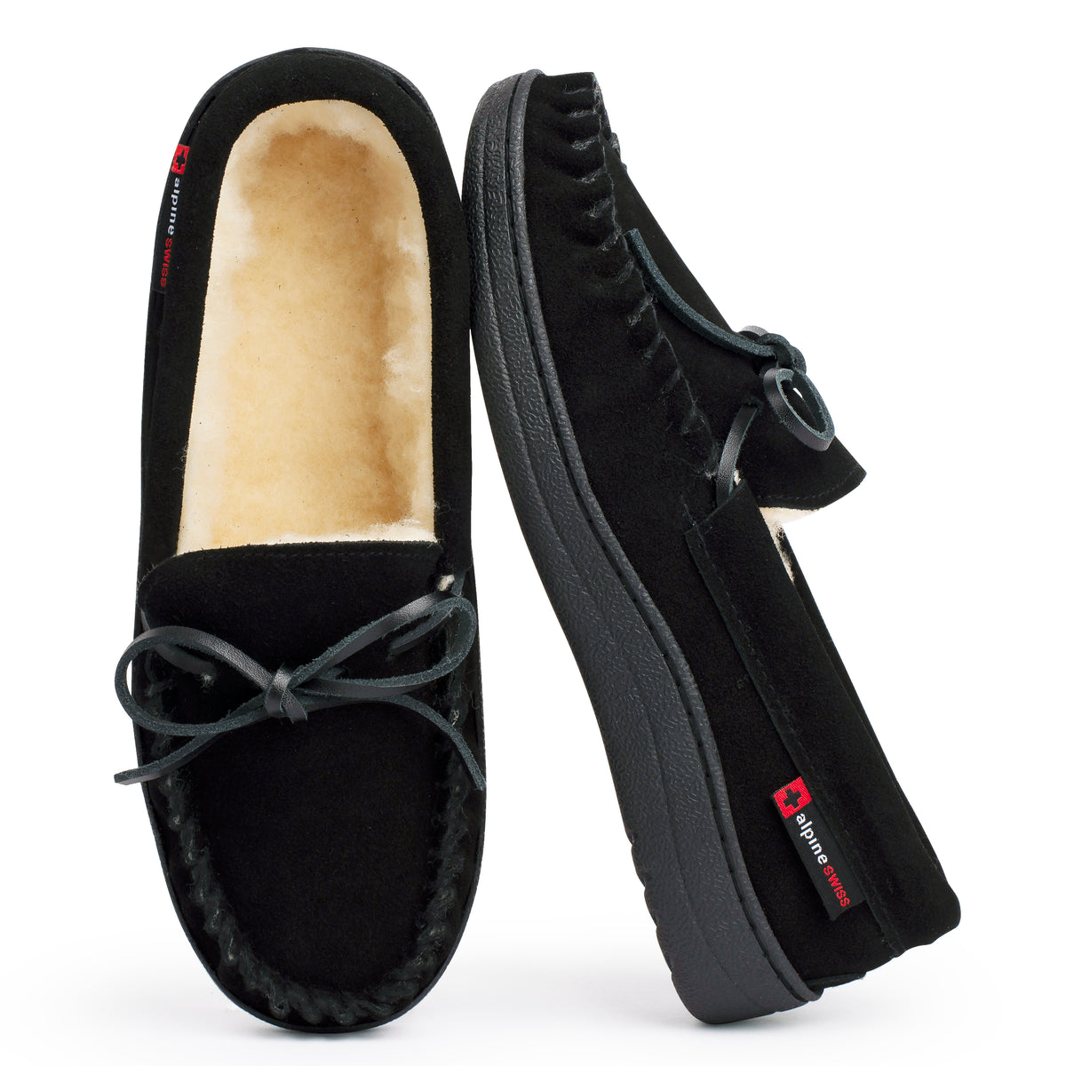 Alpine Swiss Sabine Womens Moccasin Slippers Genuine Suede House Shoe Memory Foam – Black