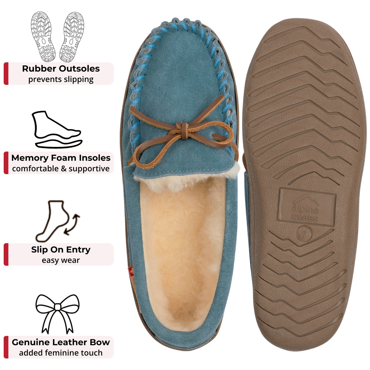 Alpine Swiss Sabine Womens Moccasin Slippers Genuine Suede House Shoe Memory Foam – Blue