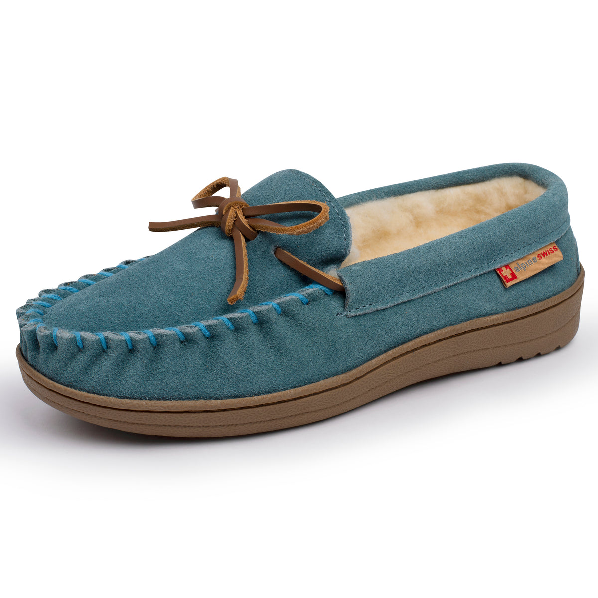Alpine Swiss Sabine Womens Moccasin Slippers Genuine Suede House Shoe Memory Foam – Blue