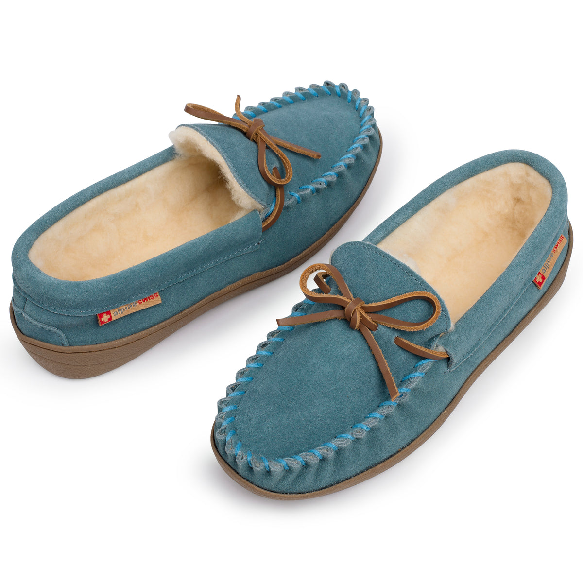 Alpine Swiss Sabine Womens Moccasin Slippers Genuine Suede House Shoe Memory Foam – Blue
