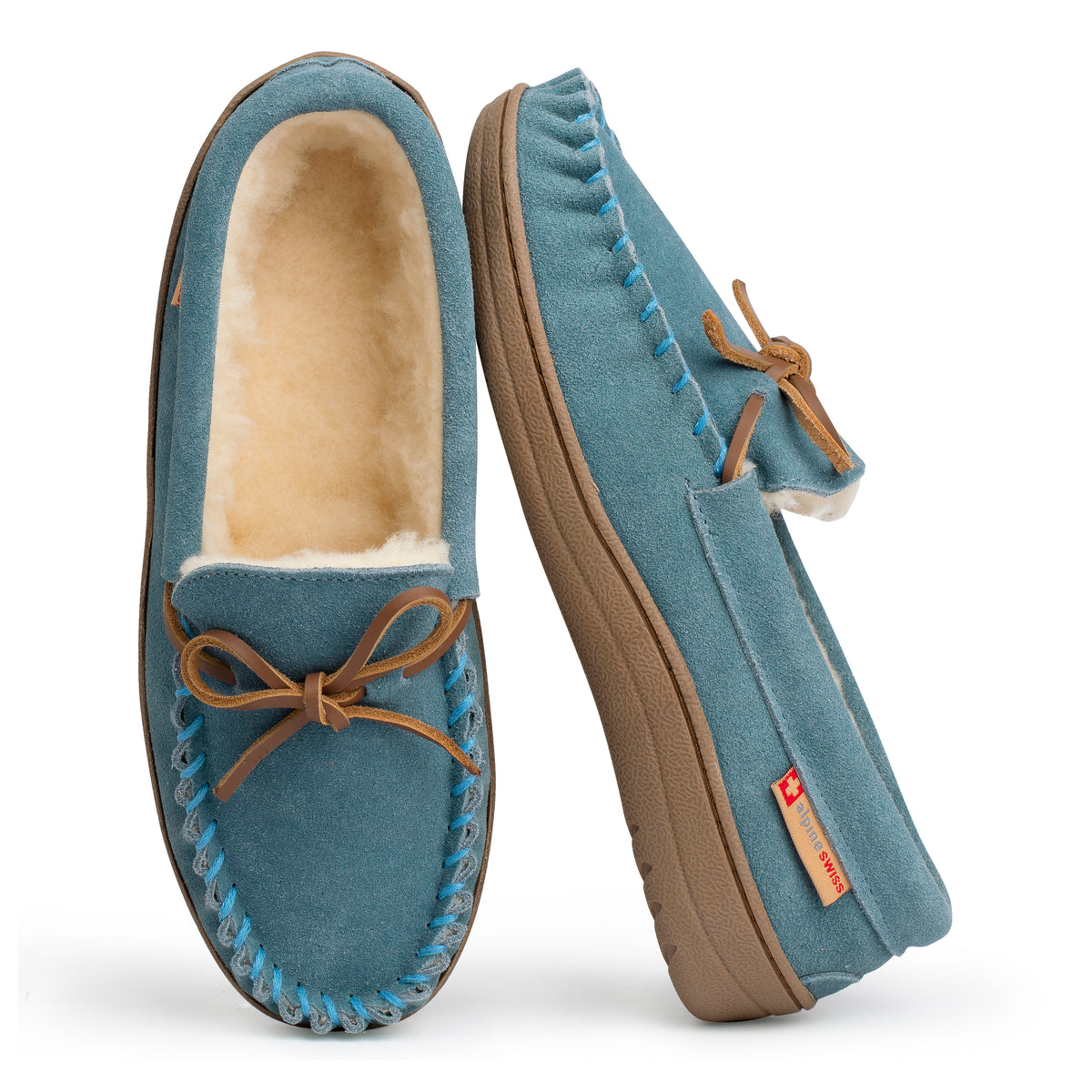 Alpine Swiss Sabine Womens Moccasin Slippers Genuine Suede House Shoe Memory Foam – Blue