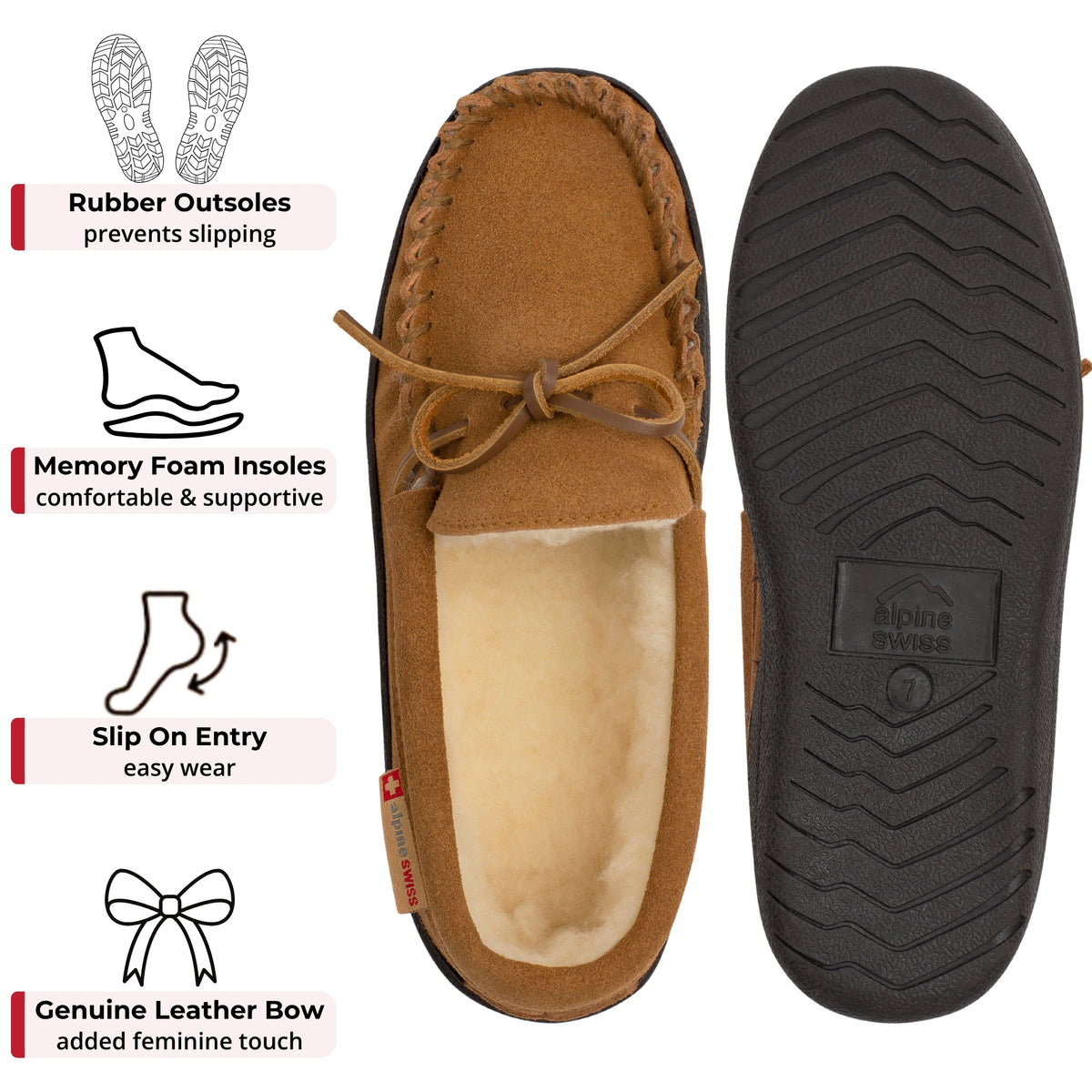 Alpine Swiss Sabine Womens Moccasin Slippers Genuine Suede House Shoe Memory Foam – Chestnut