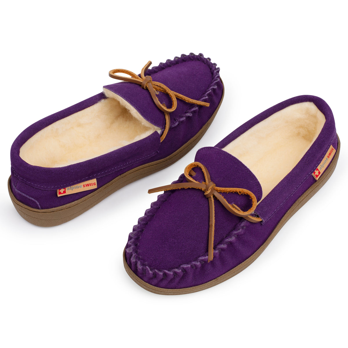 Alpine Swiss Sabine Womens Moccasin Slippers Genuine Suede House Shoe Memory Foam – Purple
