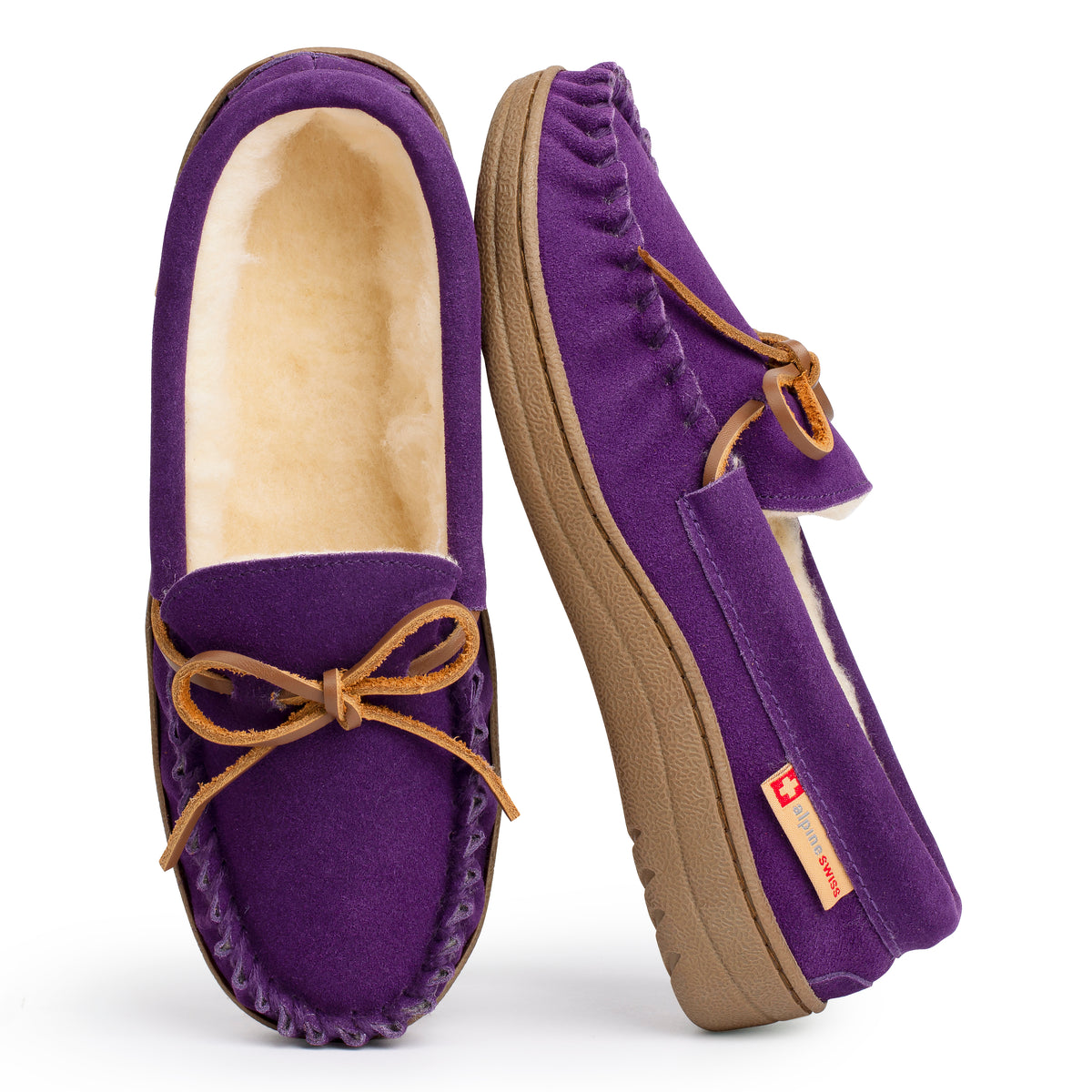 Alpine Swiss Sabine Womens Moccasin Slippers Genuine Suede House Shoe Memory Foam – Purple