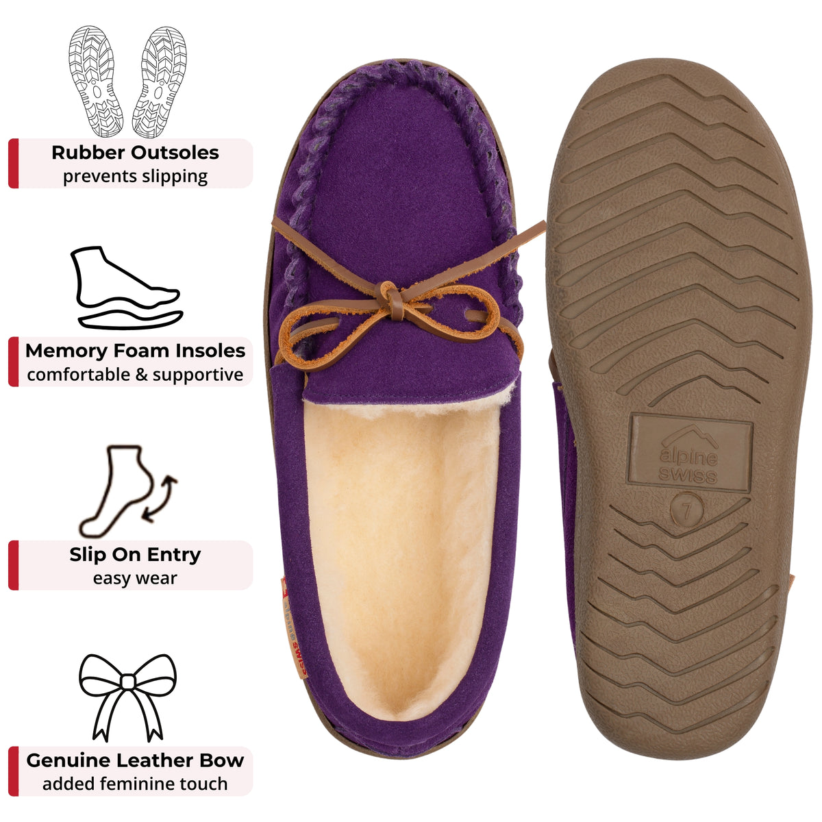 Alpine Swiss Sabine Womens Moccasin Slippers Genuine Suede House Shoe Memory Foam – Purple