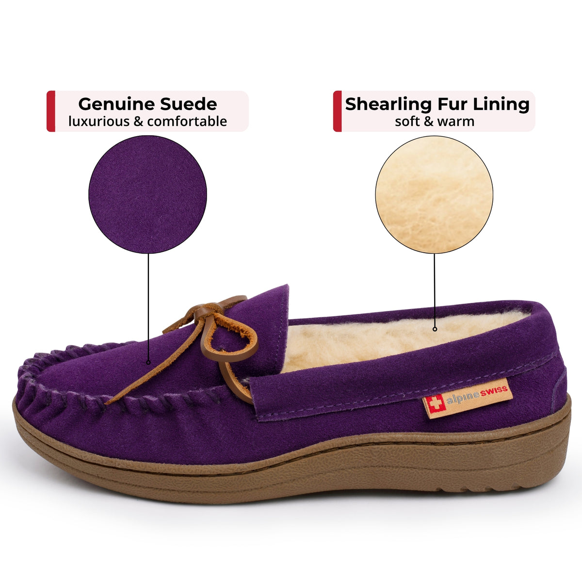 Alpine Swiss Sabine Womens Moccasin Slippers Genuine Suede House Shoe Memory Foam – Purple