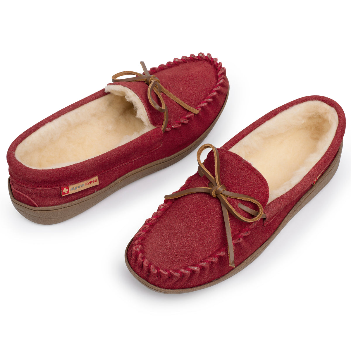 Alpine Swiss Sabine Womens Moccasin Slippers Genuine Suede House Shoe Memory Foam – Red