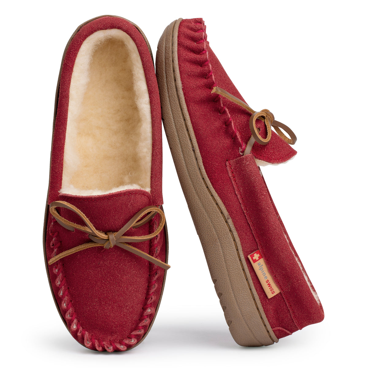 Alpine Swiss Sabine Womens Moccasin Slippers Genuine Suede House Shoe Memory Foam – Red