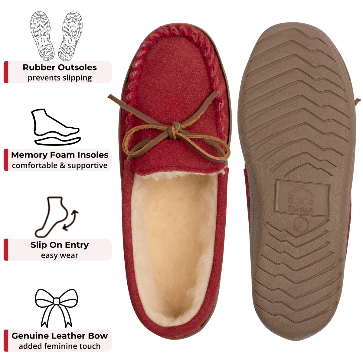 Alpine Swiss Sabine Womens Moccasin Slippers Genuine Suede House Shoe Memory Foam – Red