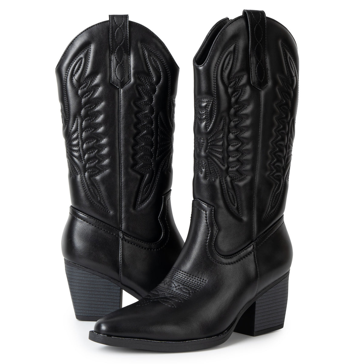 Alpine Swiss Sadie Womens Cowboy Boots Mid Calf Block Heel Western Cowgirl Boots – Vegan Leather Black