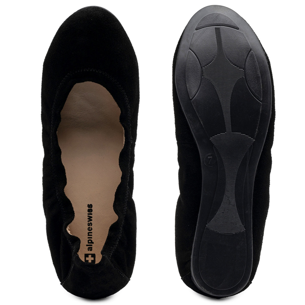 Alpine Swiss Sarah Womens Leather Ballet Flats Round Toe Slip On Comfort Shoes – Black Suede
