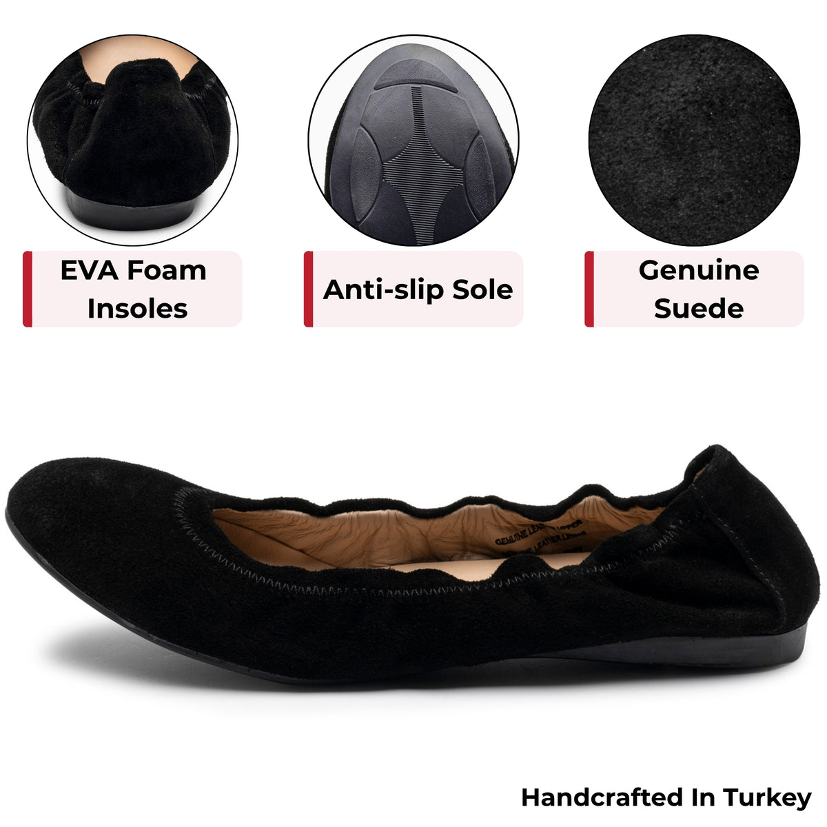 Alpine Swiss Sarah Womens Leather Ballet Flats Round Toe Slip On Comfort Shoes – Black Suede
