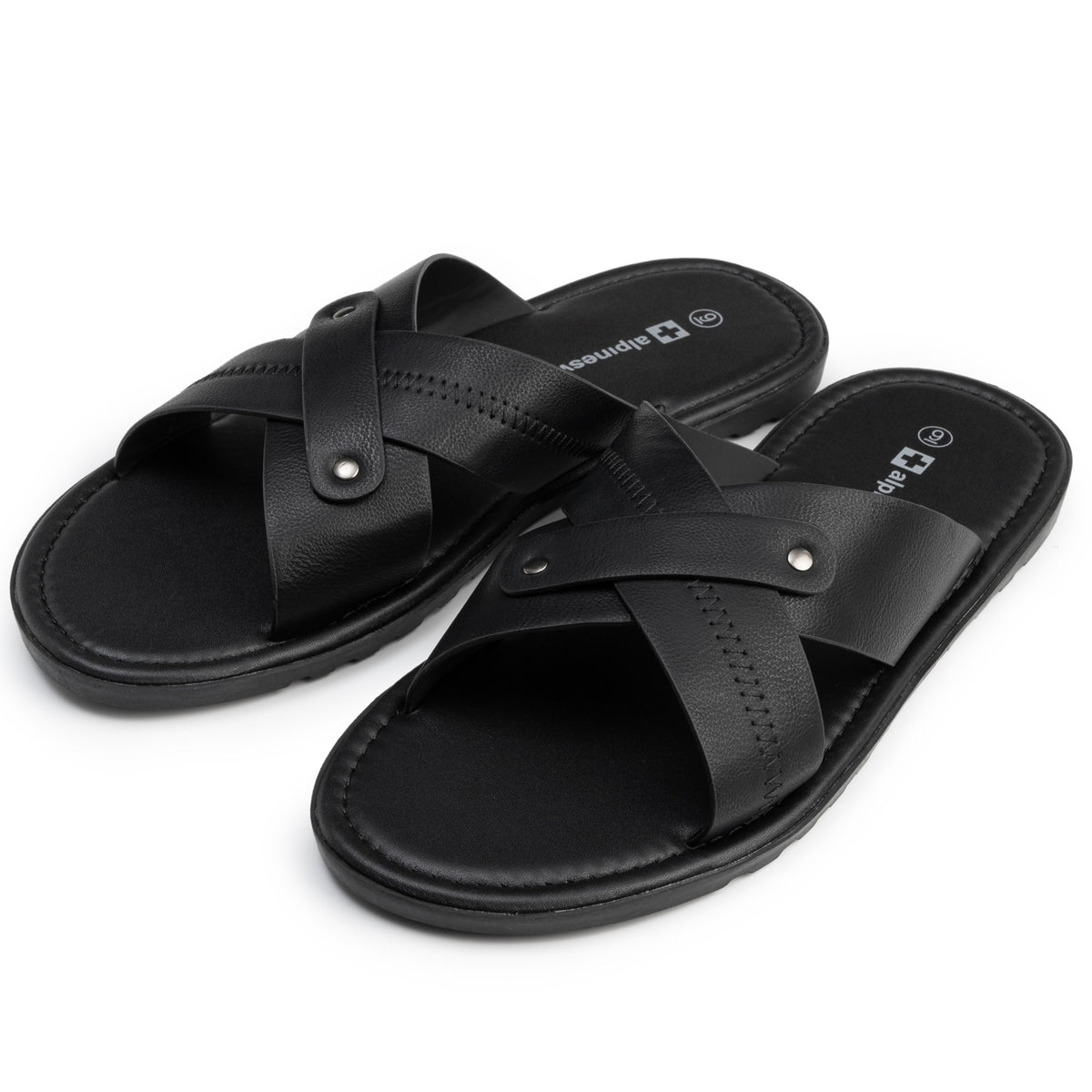 Alpine Swiss Saul Mens Vegan Leather Slide Sandals Dressy Indoor Outdoor Shoes – Black