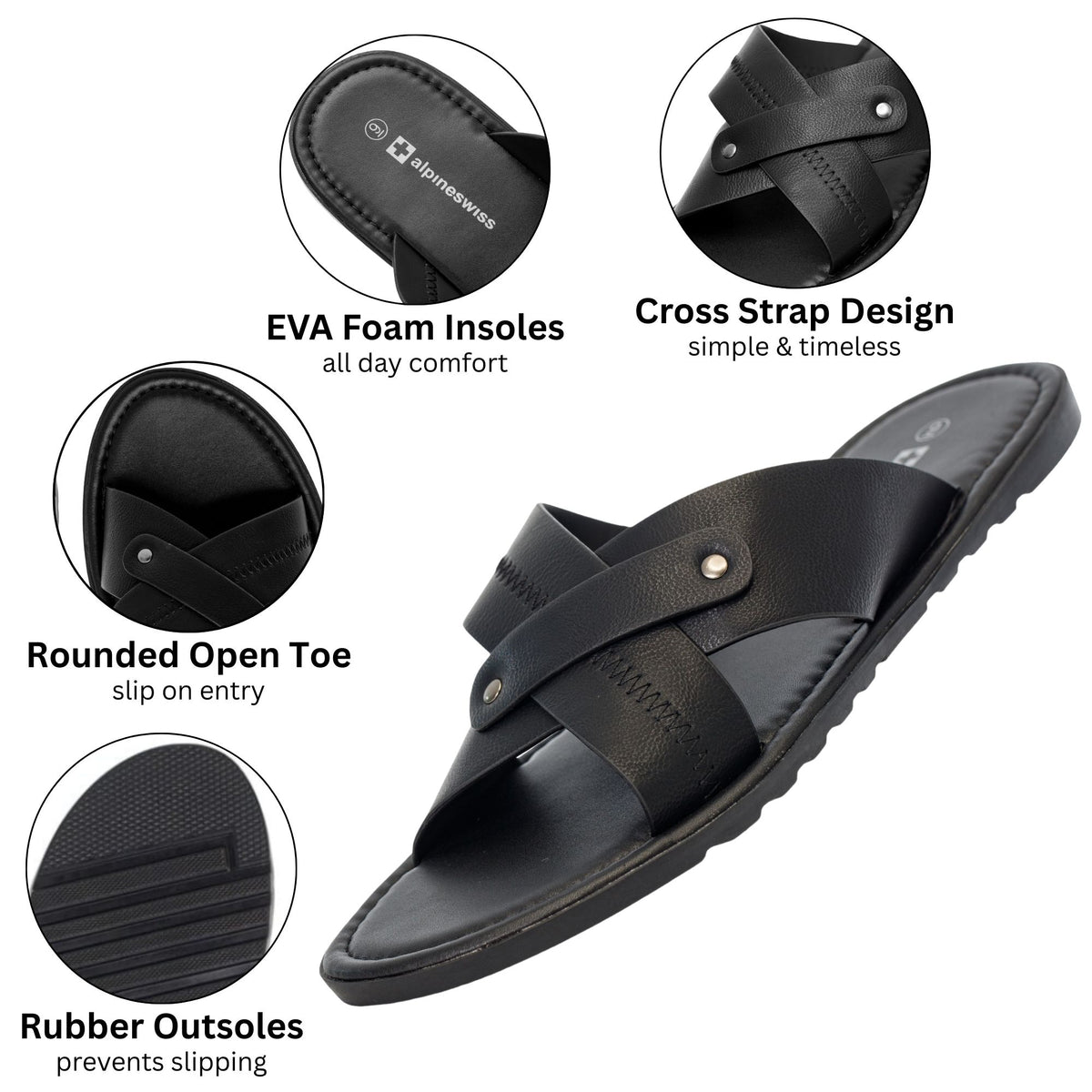 Alpine Swiss Saul Mens Vegan Leather Slide Sandals Dressy Indoor Outdoor Shoes – Black