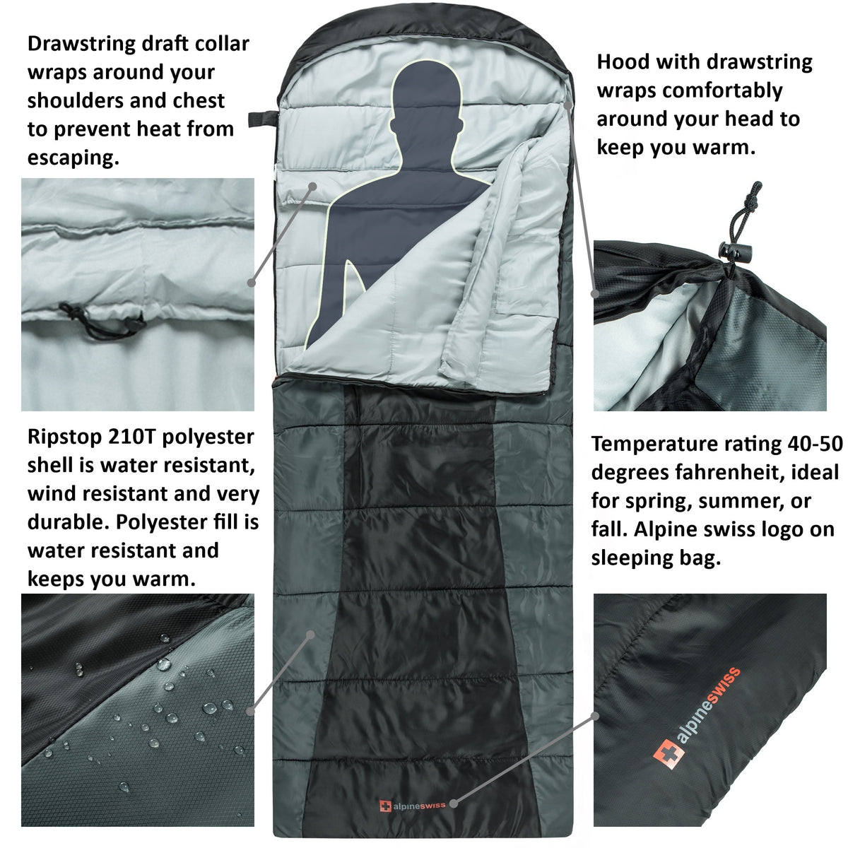 Alpine Swiss Sleeping Bag Adult Waterproof All Season Camping Backpacking Hiking – Black Gray