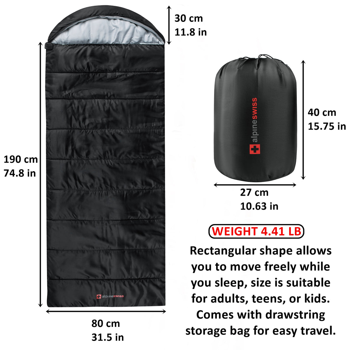 Alpine Swiss Sleeping Bag Adult Waterproof All Season Camping Backpacking Hiking – Black